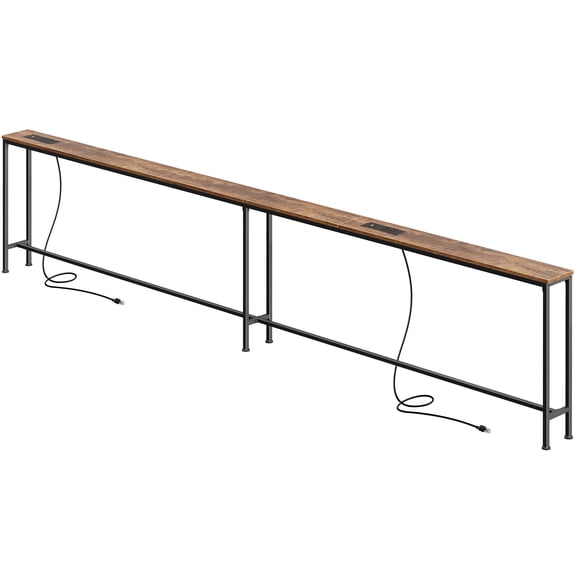 Amadwell 118.1" Console Table, 5.9 Inch Narrow Sofa Table, with Power Ports, Behind Couch Table for Living Room Entryway Hallway Bedroom, Small Spaces, Rustic Brown