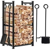 Amagabeli 28.3In Large Firewood Rack Fireplace Tool Rack Outdoor Indoor Log Rack with 4 Tools Wood Holder Bin Firewood Holders Lumber Storage Stacking Wrought Iron Fireplace Logs Holder Stove Black