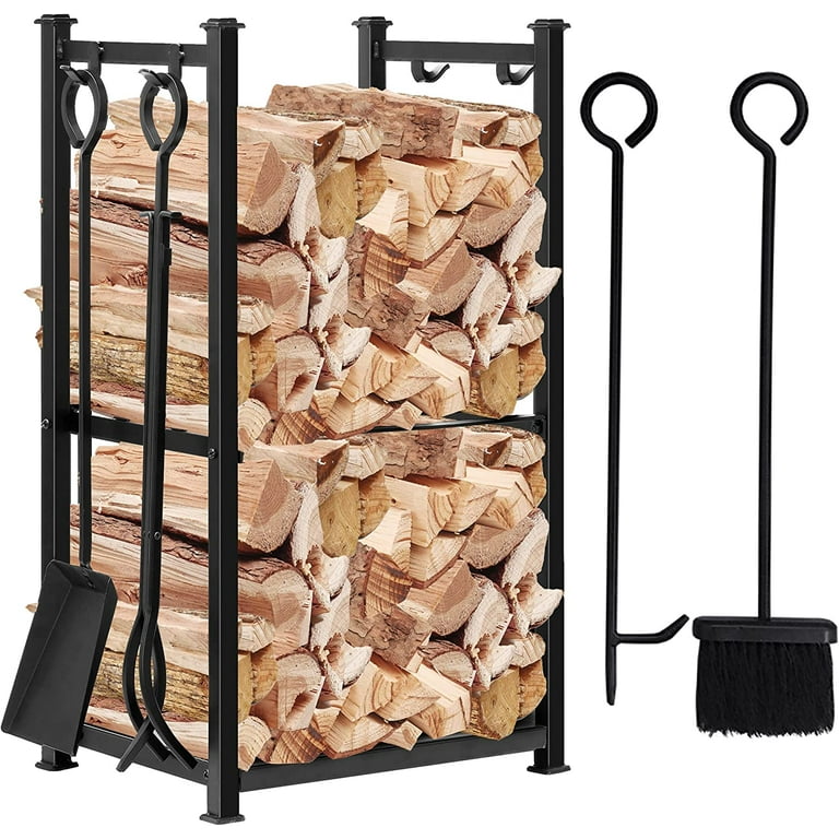 Indoor Firewood Rack with 4 Tools - Iron Fireplace Log Holder Storage Set Indoor Firewood Rack with 4 Tools - Iron Fireplace Log Holder Storage Set