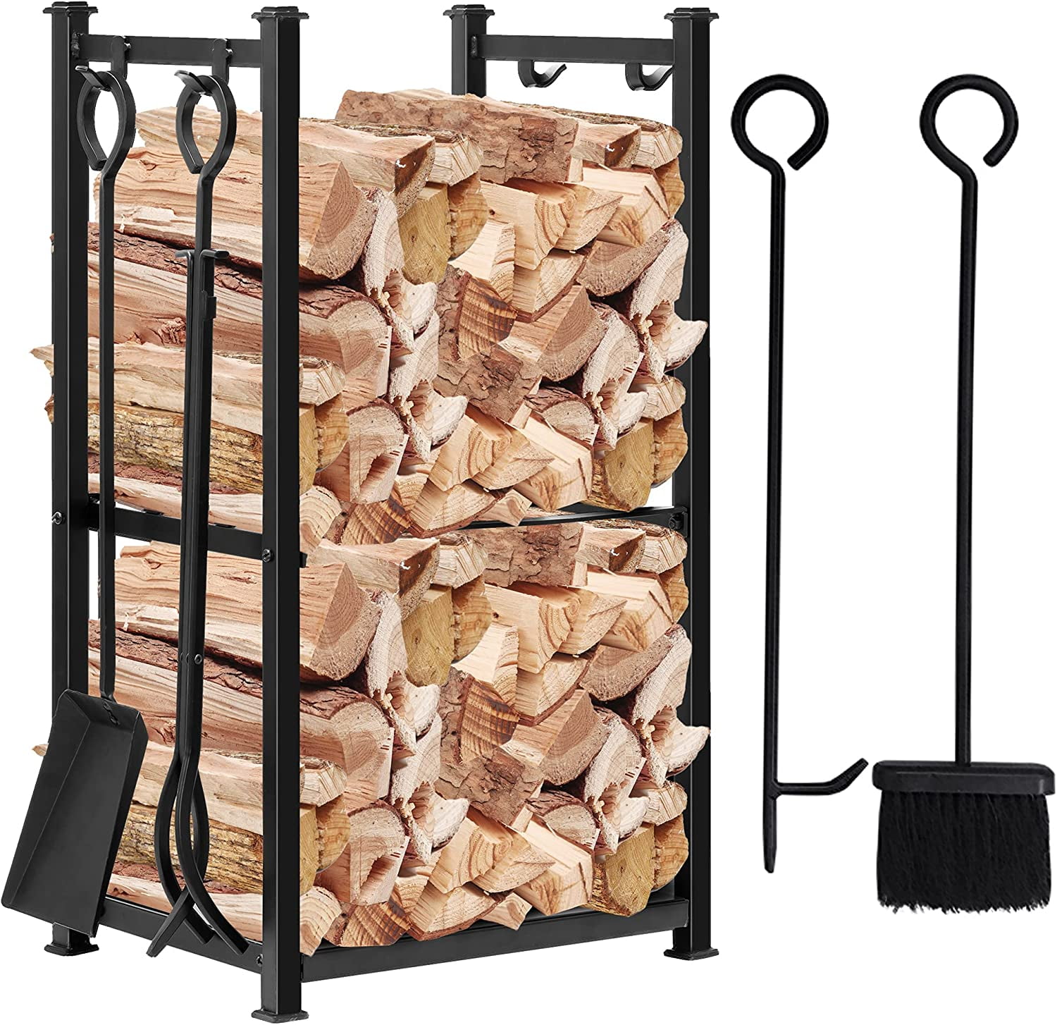 Amagabeli 28.3In Large Firewood Rack Fireplace Tool Rack Outdoor Indoor Log Rack with 4 Tools Wood Holder Bin Firewood Holders Lumber Storage Stacking Wrought Iron Fireplace Logs Holder Stove Black