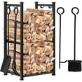 thumbnail image 1 of Amagabeli 28.3In Large Firewood Rack Fireplace Tool Rack Outdoor Indoor Log Rack with 4 Tools Wood Holder Bin Firewood Holders Lumber Storage Stacking Wrought Iron Fireplace Logs Holder Stove Black, 1 of 10