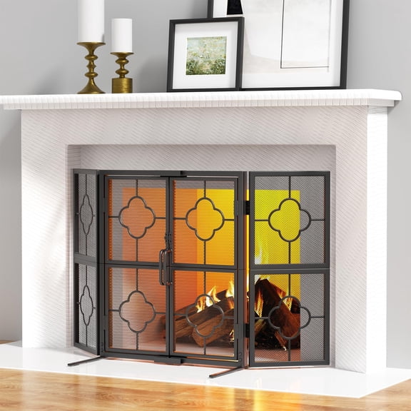 Amagabeli 3 Panel Fireplace Screen with Doors 48" W x 28" H Foldable Wrought Iron Heavy Duty Metal Modern Decorative Fireplace Spark Guard Cover Handcrafted Solid Mesh Stand Alone Screen for Fire