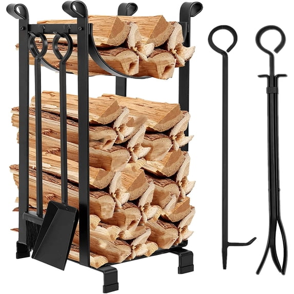 Amagabeli 30.7in Tall Fireplace Log Rack with 4 Tools Indoor Outdoor Firewood Holders Lumber Storage Stacking Black Wrought Iron Logs Bin Holder for Fireplace Tool Black