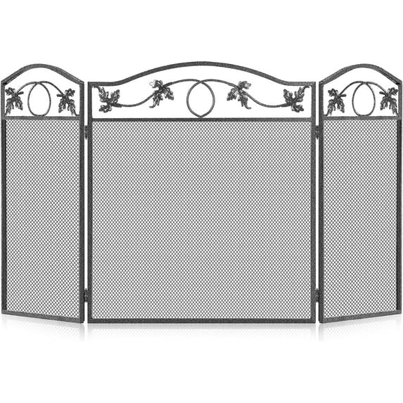 Amagabeli 50X29In Fireplace Screen 3 Panel Spark Guard Pewter Wrought Iron Large Screen Outdoor Metal Decorative Mesh Cover Solid Fire Place Fence Leaf Design Steel Fireplace Panels Black