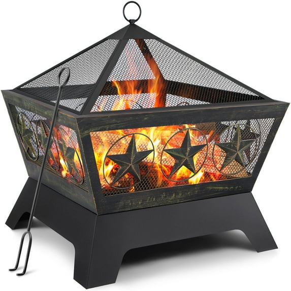 Amagabeli Fire Pit Outdoor Wood Burning 24in Firebowl Fireplace Poker Spark Screen Retardant Mesh Lid Extra Deep Large Square Outside Backyard Deck Heavy Duty Metal Grate Rustproof Bronze