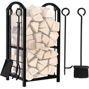 Amagabeli Firewood Rack Fireplace Tool Rack Indoor Wood Holders Fireplace Outdoor Log Holder Rack Lumber Storage Stacking Black Stove Wrought Iron Large Logs Bin Fireplace Tools Set Tongs Accessories