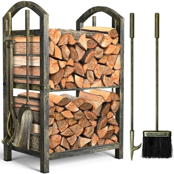 Amagabeli Firewood Rack Indoor 5 Pieces Fireplace Tools Set Fire Wood Holder with Tongs Poker Brush and Shovel Outdoor Log Rack Solid Wrought Iron Fireplace Set Kit Wood Stove Accessories Bronze