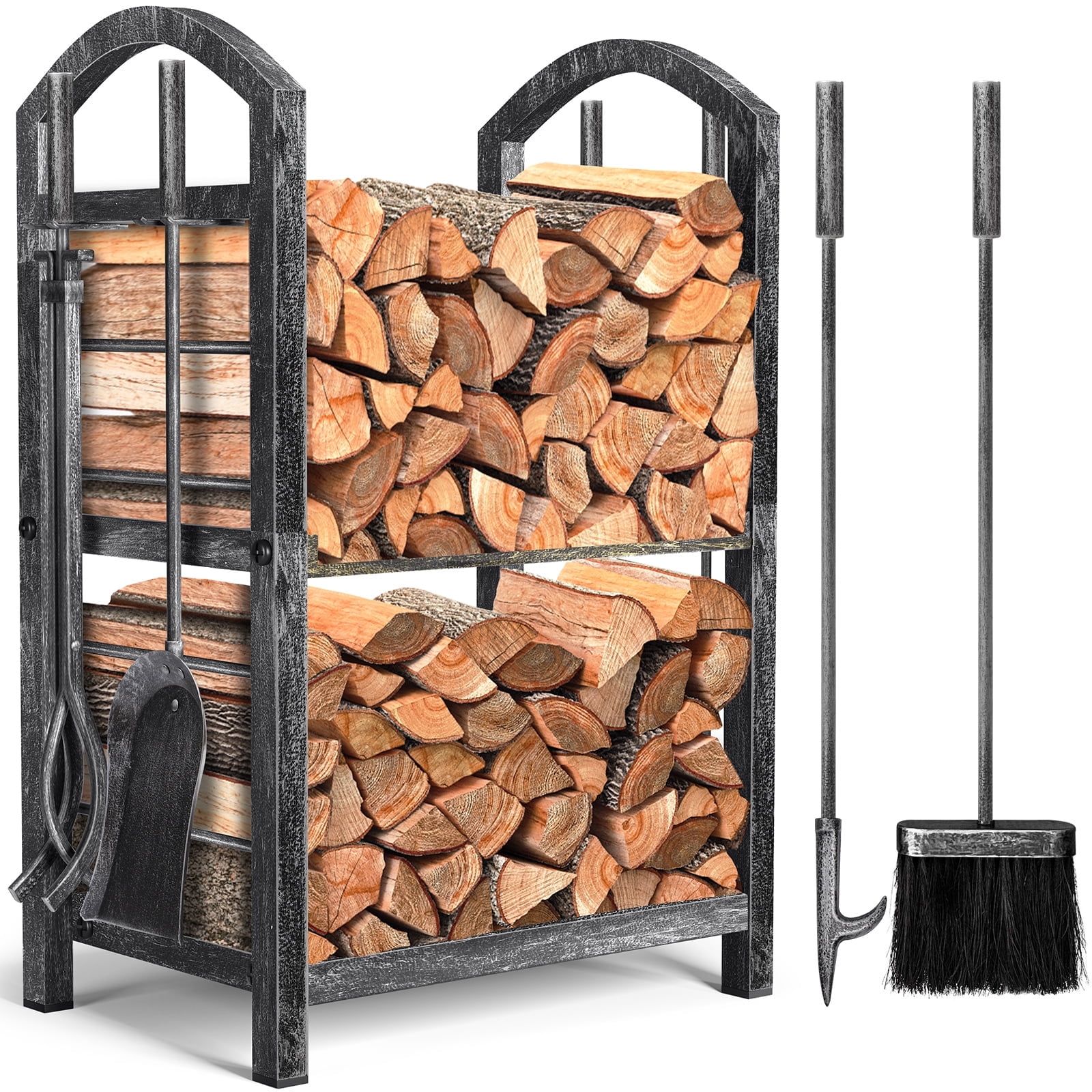 Black Powder Coated Wrought Iron Firewood Rack with Tools