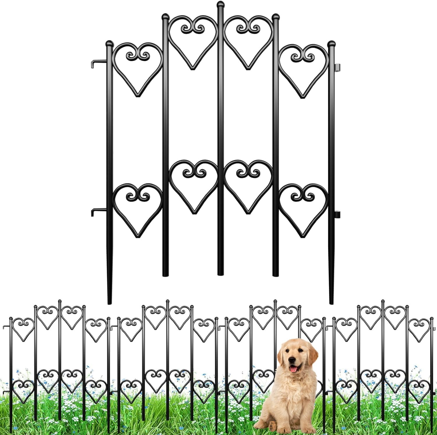 Black Decorative Metal Garden Fence Panels with Heart Design