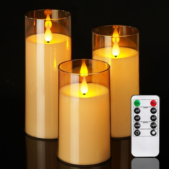 Amagic Golden Flickering Flameless Battery Operated Acrylic LED Pillar Candles, Set of 3, 1.12 oz