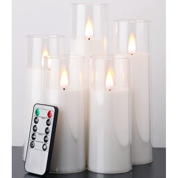 Pure White Flameless Candles, Battery Operated Candles, Acrylic Flickering LED Pillar Candles with Remote Control and Timer, 3D Wick, Yellow and Blue Glow, D2.2 xH5 5" 6" 7" 8", Set of 5