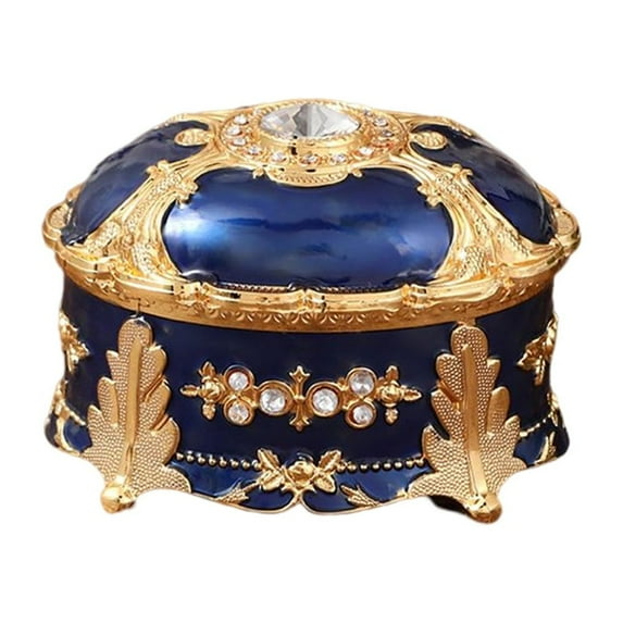 Amaiiu Jewelry Box Lid Sturdy Metal Ellipse Storage Boxes Rhinestone Dustproof Practical Pattern Holder Accessory Table Jewelry Blue