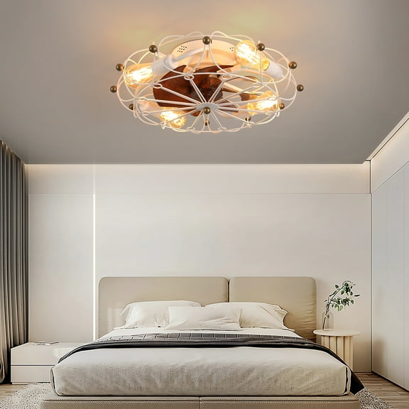 Amajite Low Profile Caged Ceiling Fan with Light, 20" Small Modern Industrial Ceiling Fan, Remote Control 6 Speeds Reversible Motor, Flush Mount for Bedroom Kitchen, White, W1340120488