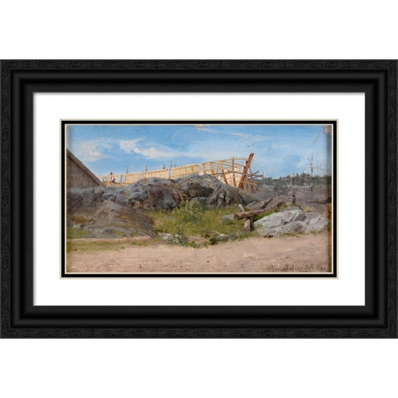 Amaldus Nielsen 14x10 Black Ornate Wood Framed Double Matted Museum Art Print Titled: Boatbuilding, Lillesand (1858)