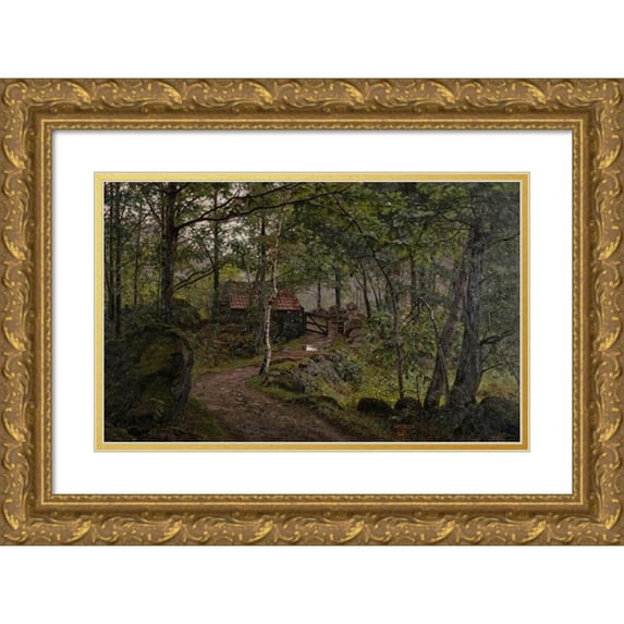 Amaldus Nielsen 14x11 Gold Ornate Wood Frame and Double Matted Museum Art Print Titled - Under the Trees, Swollen at Mandal (1908)