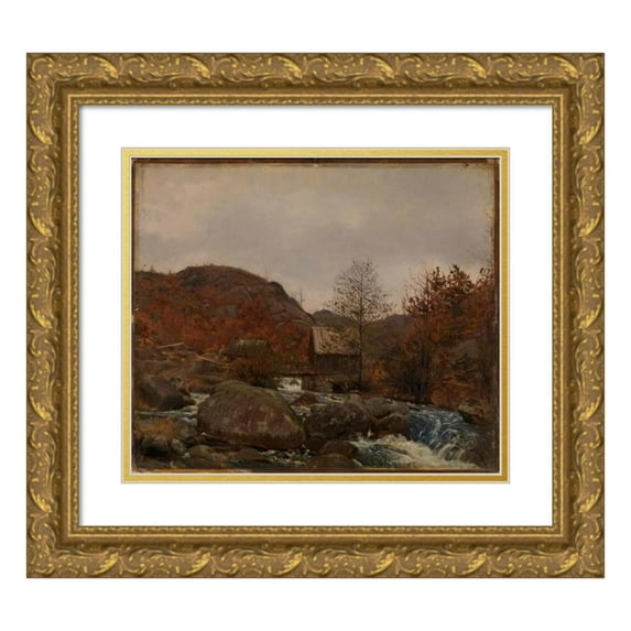 Amaldus Nielsen 14x12 Gold Ornate Wood Frame and Double Matted Museum Art Print Titled - Mill at Frostestad Near Mandal (1863)