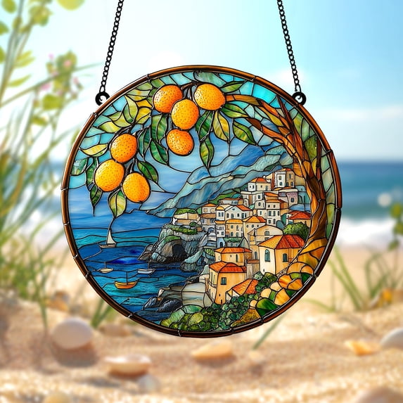 Amalfi Coast Acrylic 2D FLAT Suncatcher – Coastal Acrylic Suncatcher Window Hanging with Lemons and Village Scene