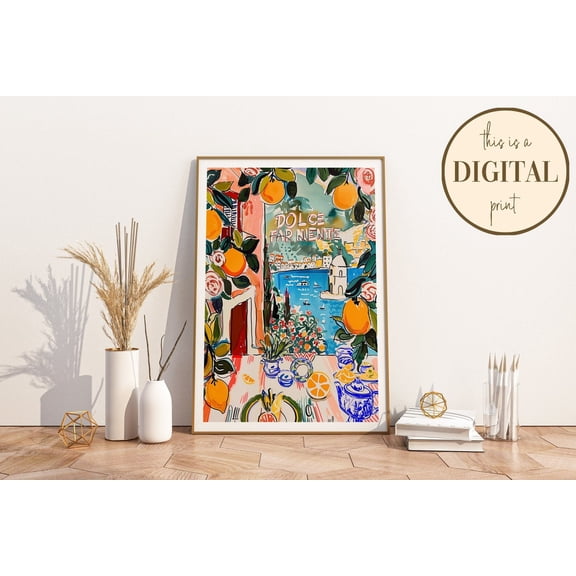 Amalfi Coast Art Poster: Retro Italian Coffee, Stretched Canvas Size 12x18