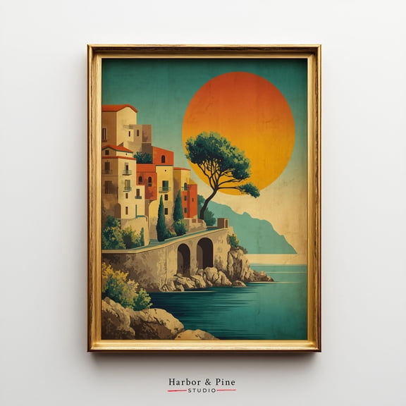 Amalfi Coast Art Printable - Retro Italian Cliffside Village, Bold Sunset, Mediterranean Sea, Travel Wall Decor, Colorful Coastal Print UNFRAMED Poster, Wall Art for Decor, Present, 24x36