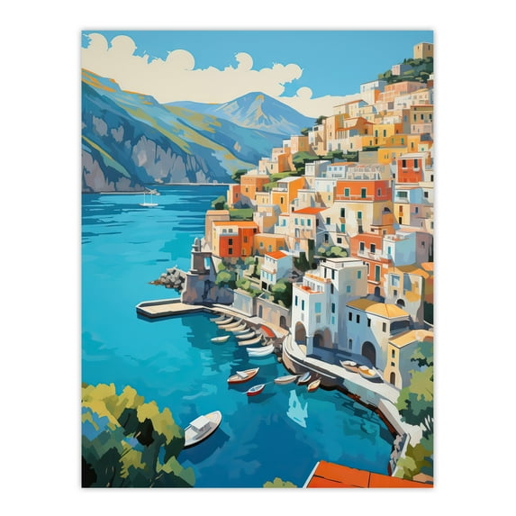Amalfi Coast Artwork Blue Orange Green Italy Coastal Village Landscape Extra Large XL Wall Art Poster Print