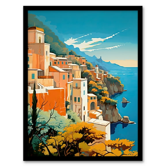 Amalfi Coast Artwork Italy Cliffside Villages Overlooking Azure Mediterranean Sea Art Print Framed Poster Wall Decor 12x16 inch