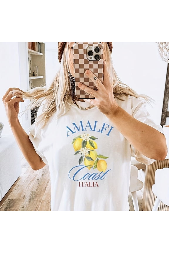Amalfi Coast Italy Lemon Graphic T-Shirt Retro Summer Fruit Print Tee Vintage Style Mediterranean Vacation Apparel for Women