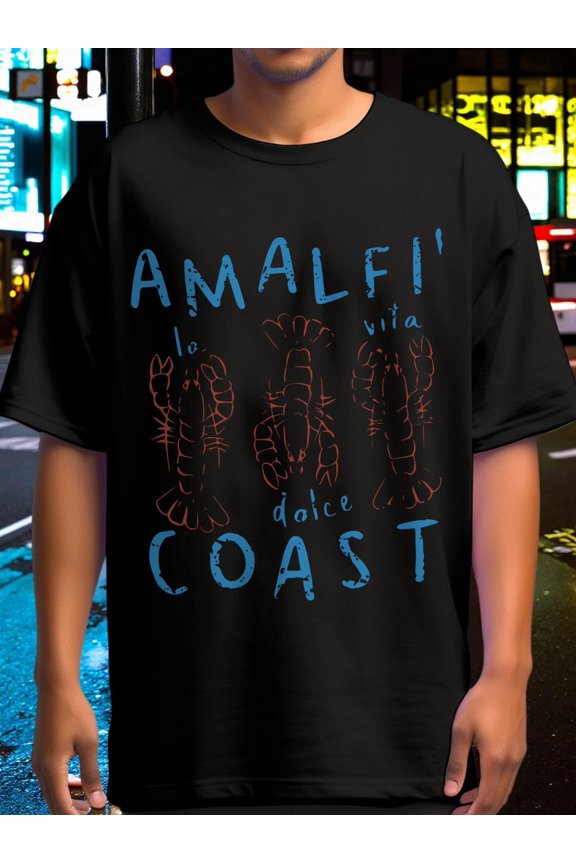 Amalfi Coast La Dolce Vita Italian Vacation T-Shirt, Trendy Lobster Seafood Graphic Tee, Relaxed Summer Beach Holiday Style