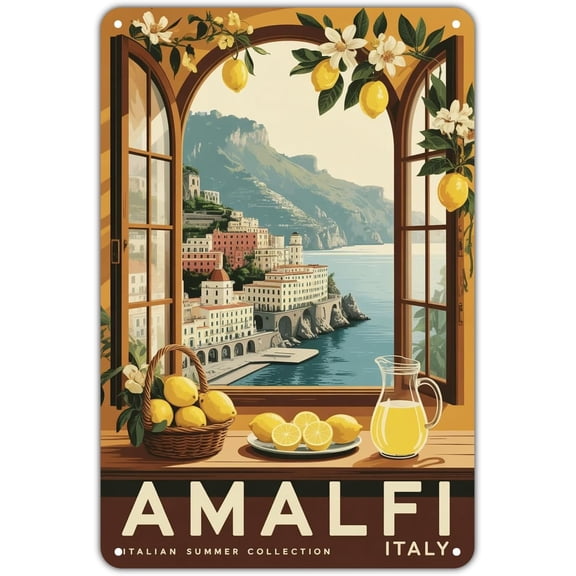 Amalfi Coast Lemon View tin sign Vintage Italian Summer Metal Sign Print Aesthetic for Garden Yard Bar Porch Home Bedroom Kitchen Wall Decor Decor Gift 8 x 12 inch