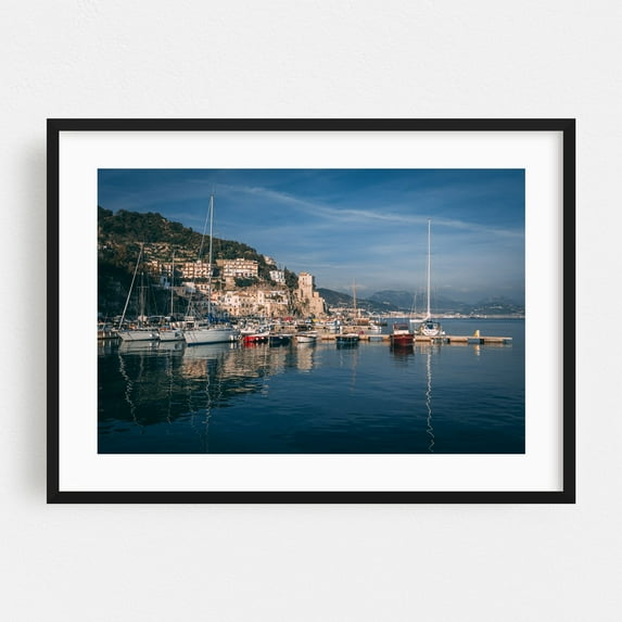 Amalfi Coast Marina - Campania Italy Photography Harbor Boat Coastal Scenic Travel Poster Architecture Ocean Black Framed Wall Art Print 5 x 7 inches