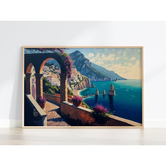 Amalfi Coast Mediterranean Balcony View Italian Wall Art, Unframed Canvas 16x20in