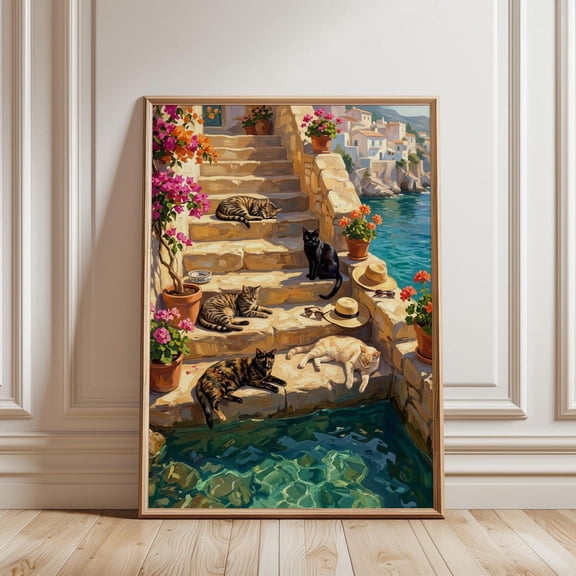 Amalfi Coast Mediterranean Cats Print, Unframed Paper Poster 8x10in
