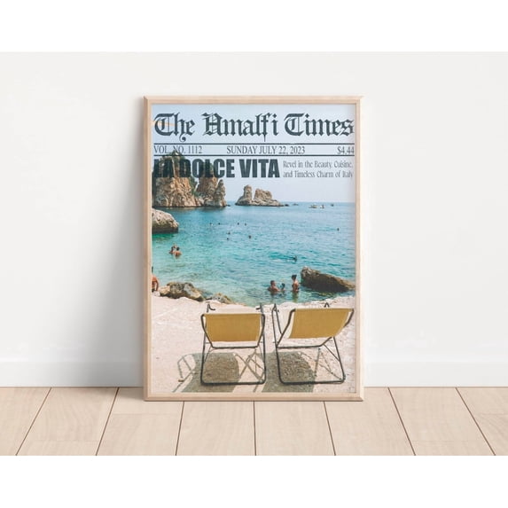 Amalfi Coast Newspaper Print Italian Summer Wall Art Unframed Canvas 8x10in