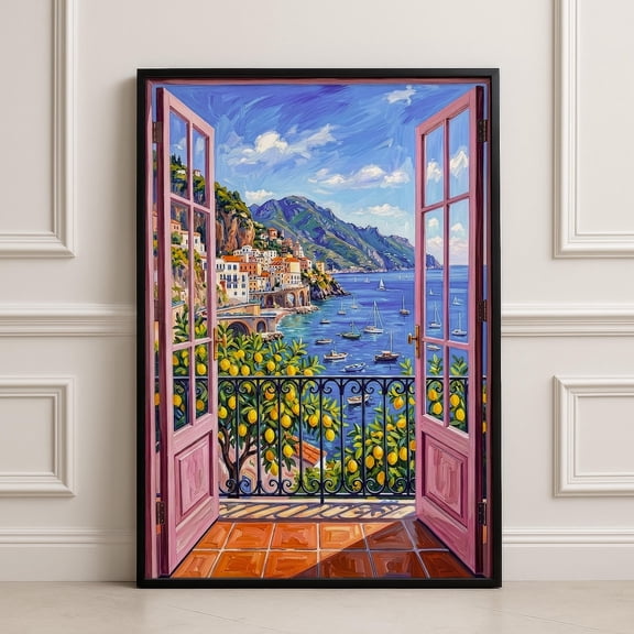 Amalfi Coast Open Window View Print, Unframed Paper Poster 8x10in