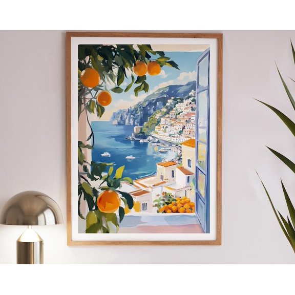 Amalfi Coast Orange Tree Sea View Wall Art Print, Unframed Paper Poster 24x36in