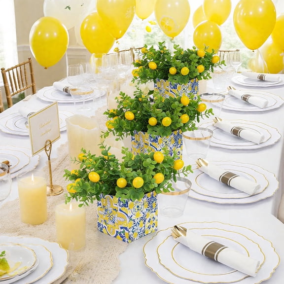 Amalfi Coast Party Decorations – 5 Set Blue Tiles Lemon Table Centerpieces with Artificial Lemons & Branches, Mediterranean Capri Themed Decor Box for Wedding, Bridal Shower, Baby Shower