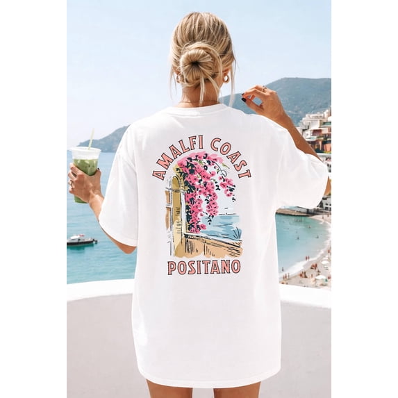 Amalfi Coast Positano Coastal Italy Graphic Tee Mediterranean Seaside Landscape Travel Artwork Summer Vacation Comfort Colors Unisex Cotton T-Shirt, Sizes S-3XL