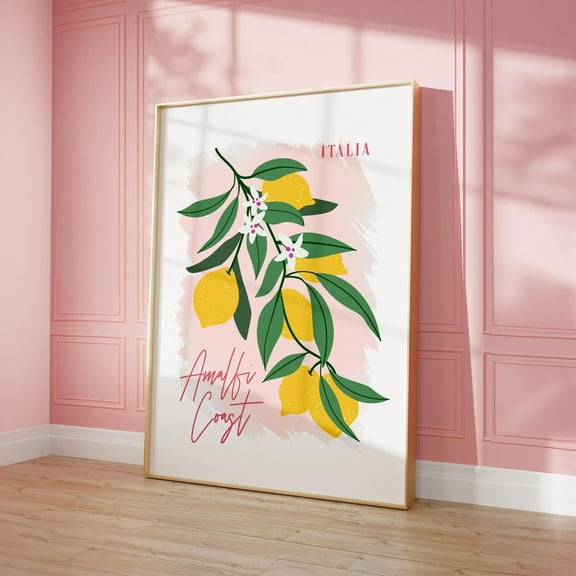 Amalfi Coast Print Lemons Printable Art, Aesthetic Decor Italy Fruit Print Kitchen Poster, Pink & Yellow Kitchen Wall Art Citrus Print Wall Art, Modern Wall Decor, 8x12 UNFRAMED