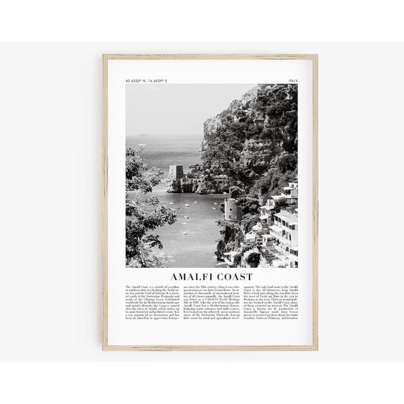 Amalfi Coast Travel Poster, Black And White Travel Print, City Wall Art, Italy Poster, Coordinate Print, Famous Landmark Wall Art, Modern Wall Decor, 16x24 UNFRAMED