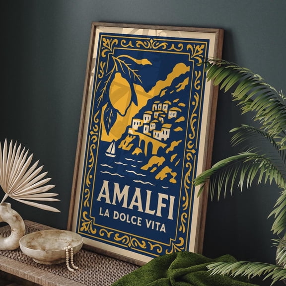 Amalfi Coast Travel Poster: Blue & Yellow Italian Illustration UNFRAMED Poster, Wall Art for Decor, Present, 8x12