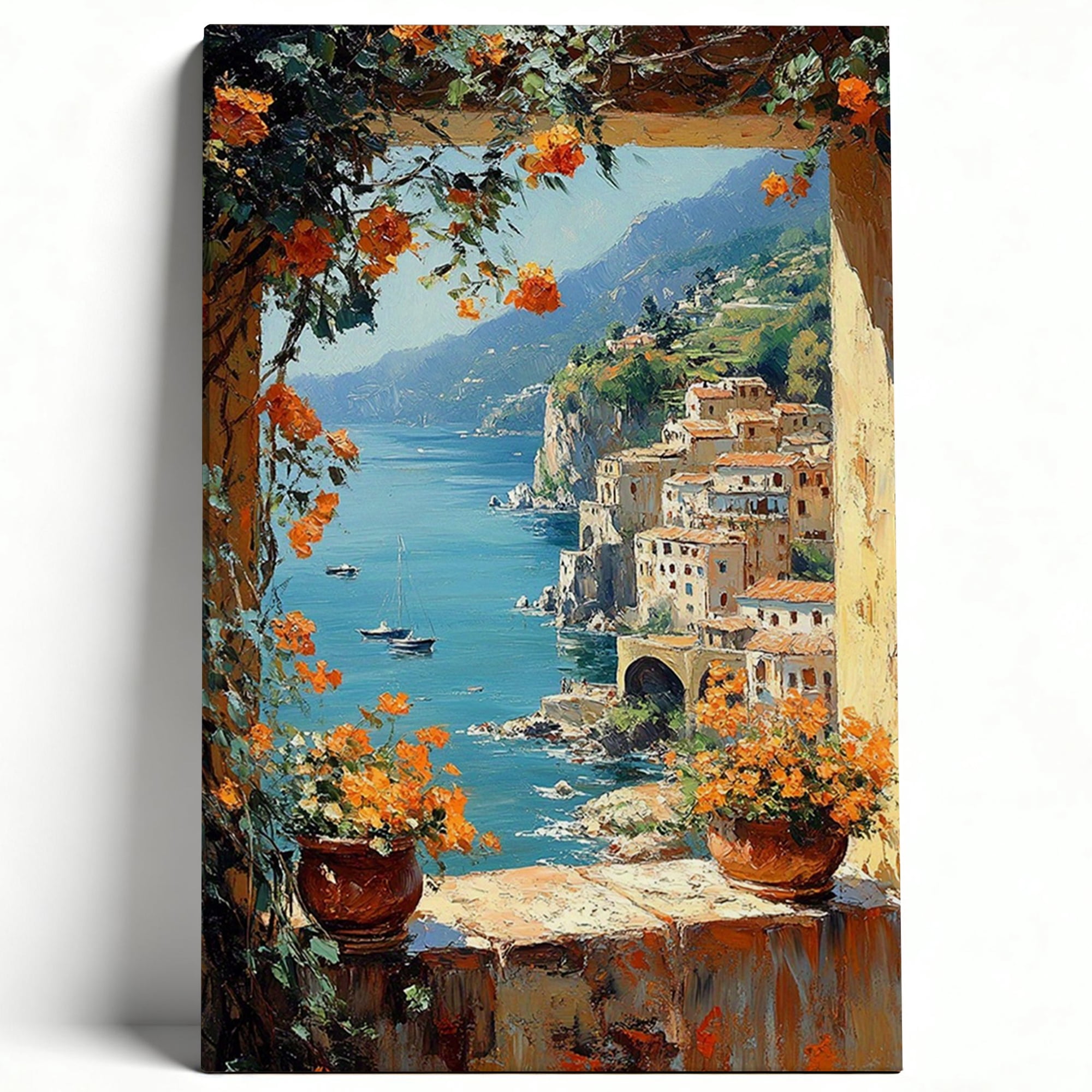 Amalfi Coast View Framed Canvas Wall Art - Mediterranean Coastal ...