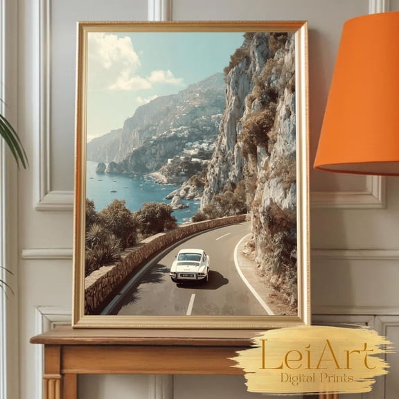 Amalfi Coast Vintage Car Wall Art Abstract Old money Print Italian Coastal Drive Digital Painting Retro Sports Car poster gift 8x12 UNFRAMED