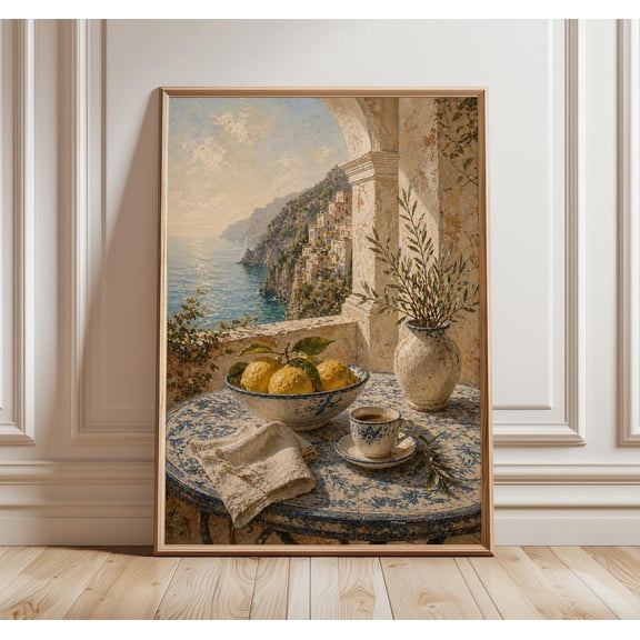 Amalfi Coast Wall Art Italian Lemon Still Life Mediterranean Kitchen Decor Blue Ceramic Table Art, Unframed Paper Print