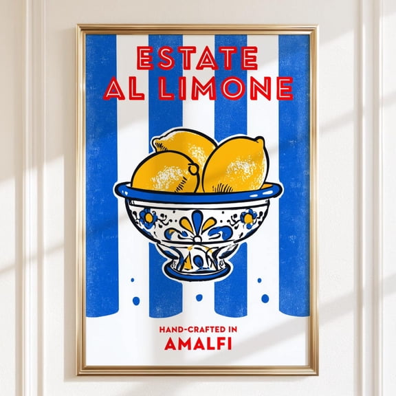 Amalfi Lemon Blue Stripe Poster, Unframed Paper Poster 8x10in