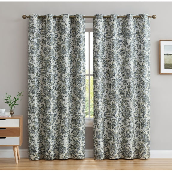 THD Paisley Faux Silk 100% Blackout Thermal Lined Energy Efficient Curtain Grommet Panels - Pair