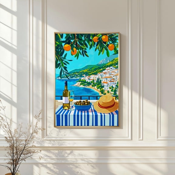 Amalfi Village Wine Table Print, Unframed Paper Poster 8x10in