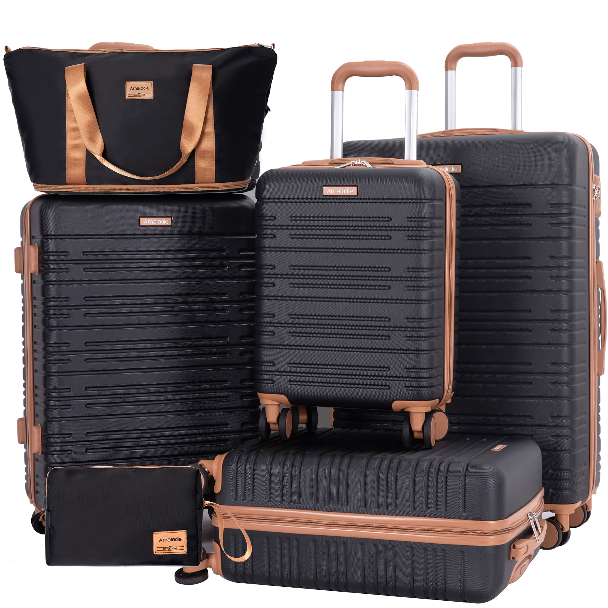 Amalodie 6 Piece Hardside Luggage Sets,Hardshell Suitcase with TSA Lock Spinner Wheel and Travel Duffle Bag.Black