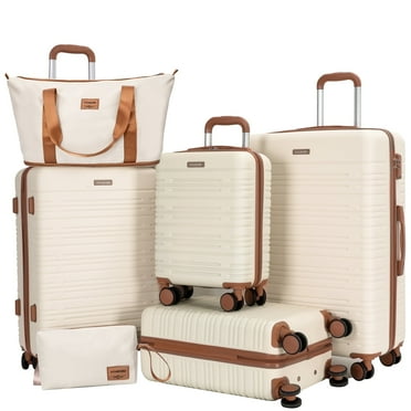 Amalodie-6 Piece Luggage Sets, 4 piece ABS Hardside Checked Luggage(16"20"24"28") with Expandable Travel Duffle Bag, Beige