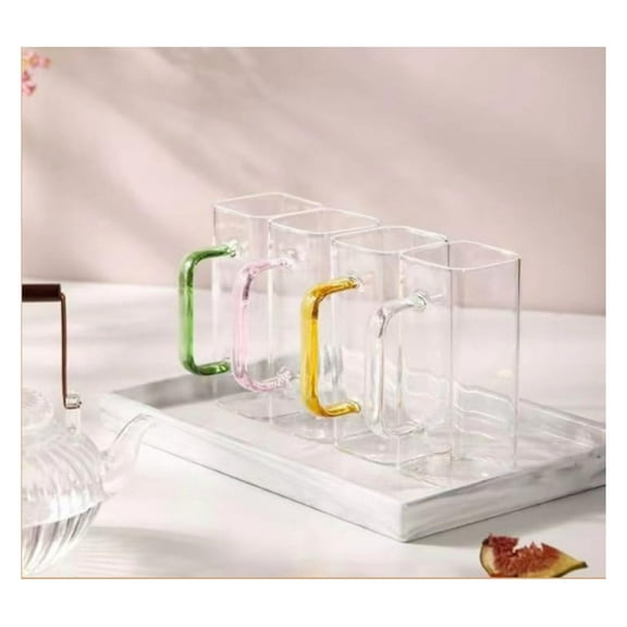 Aman's Home Presents Glass Cup Set of 4 Square Glasses - 350 ml (12 FL. Oz.) With Handle - Glass Mug Breakfast Milk Coffee Cup Microwave Safe Transparent Party Beer Mug Coffee Mug Drinkware Glass