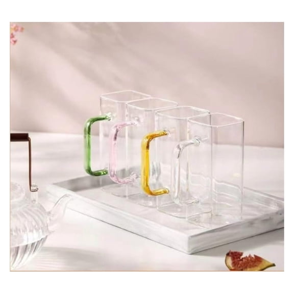 Aman's Home Square Glass Coffee Mugs, Set of 4, 12 oz Clear Glass Cups with Handles, Microwave Safe