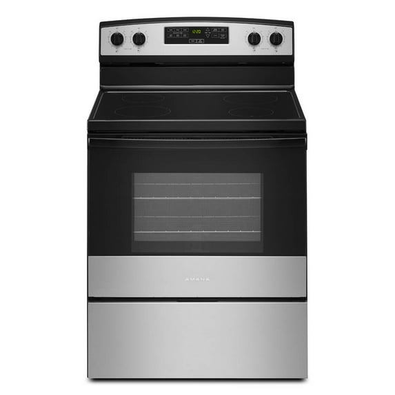 Amana® Brand New Model - AER6303MMS 30-inch Electric Range with 4.8 Cu ft oven. - assembled product Depth: 27.5” - assembled product height: 46.08” - assembled product Width: 30”